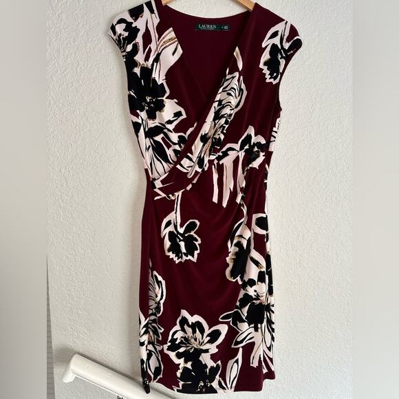 Ralph Lauren Burgundy Black Stretch Faux Wrap Dress Dark Fall Office Size 6 - Picture 1 of 6